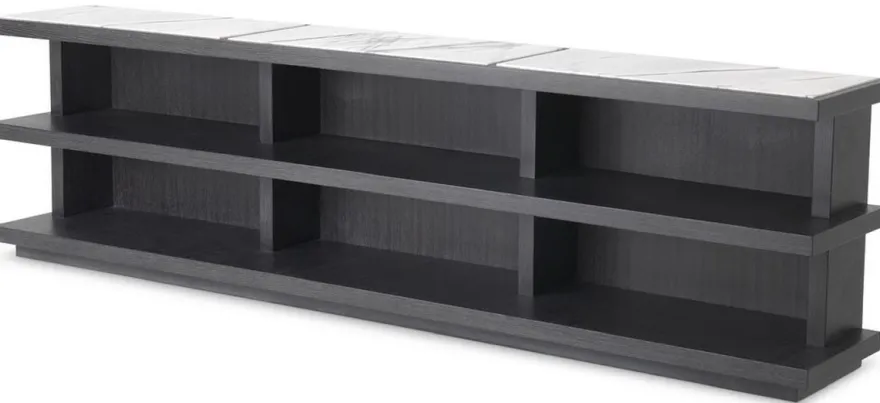 Casa Padrino Luxus Konsole Anthrazitgrau / Weiß / Fliederfarben 220 x 35 x H. 60,5 cm - Edler Konsolentisch mit 3 Regalen und Marmorplatten - Massivholz Regalschrank - Luxus Wohnzimmer Möbel