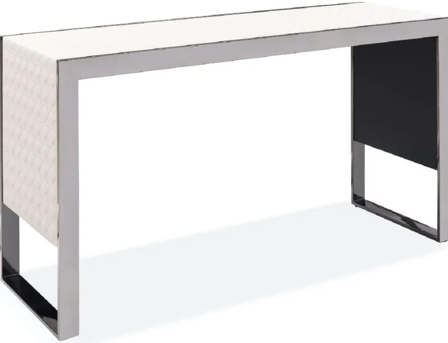 Casa Padrino Luxus Konsole Creme / Silber 120 x 40 x H. 64 cm - Rechteckiger Edelstahl Konsolentisch mit gemustertem Echtleder - Luxus Möbel