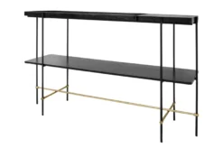 Casa Padrino Luxus Konsole Gold / Schwarz 140 x 40 x H. 90 cm - Konsolentisch mit gebürstetem Edelstahlgestell und schwarzen Eichenfurnier Flächen - Luxus Möbel