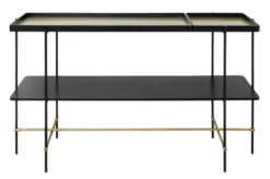 Casa Padrino Luxus Konsole Gold / Schwarz 140 x 40 x H. 90 cm - Konsolentisch mit gebürstetem Edelstahlgestell und schwarzen Eichenfurnier Flächen - Luxus Möbel