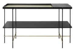 Casa Padrino Luxus Konsole Gold / Schwarz 140 x 40 x H. 90 cm - Konsolentisch mit gebürstetem Edelstahlgestell und schwarzen Eichenfurnier Flächen - Luxus Möbel