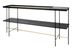 Casa Padrino Luxus Konsole Gold / Schwarz 180 x 40 x H. 90 cm - Langer Konsolentisch mit gebürstetem Edelstahlgestell und schwarzen Eichenfurnier Flächen - Luxus Möbel
