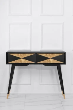 Casa Padrino Luxus Konsole Matt Schwarz / Antik Gold / Gold 100 x 35 x H. 80 cm - Verspiegelter Massivholz Konsolentisch mit 2 Schubladen - Luxus Möbel - Luxus Einrichtung