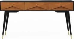Casa Padrino Luxus Konsole Matt Schwarz / Matt Cognac / Gold 148 x 40 x H. 80 cm - Massivholz Konsolentisch mit 3 Schubladen - Luxus Möbel - Luxus Einrichtung