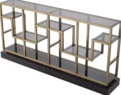 Casa Padrino Luxus Konsole Messing / Grau / Schwarz 213,5 x 34 x H. 104,5 cm - Rechteckiger Konsolentisch mit Glasplatten - Wohnzimmer Möbel - Hotel Möbel - Luxus Möbel - Luxus Einrichtung