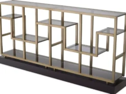 Casa Padrino Luxus Konsole Messing / Grau / Schwarz 213,5 x 34 x H. 104,5 cm - Rechteckiger Konsolentisch mit Glasplatten - Wohnzimmer Möbel - Hotel Möbel - Luxus Möbel - Luxus Einrichtung