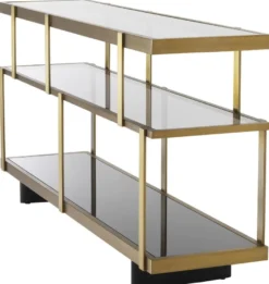 Casa Padrino Luxus Konsole Messingfarben / Schwarz 180 x 46 x H. 91 cm - Edelstahl Schrank mit Glasregalen - Regalschrank - Wohnzimmer Schrank - Büroschrank - Luxus Qualität