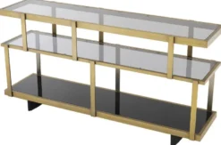 Casa Padrino Luxus Konsole Messingfarben / Schwarz 180 x 46 x H. 91 cm - Edelstahl Schrank mit Glasregalen - Regalschrank - Wohnzimmer Schrank - Büroschrank - Luxus Qualität