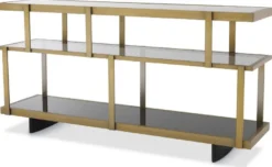 Casa Padrino Luxus Konsole Messingfarben / Schwarz 180 x 46 x H. 91 cm - Edelstahl Schrank mit Glasregalen - Regalschrank - Wohnzimmer Schrank - Büroschrank - Luxus Qualität