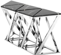 Casa Padrino Luxus Konsolen 5er Set in silber mit schwarzem Marmor 143 x 41 x H. 80,5 cm - Designer Hotel Möbel