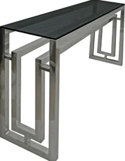 Casa Padrino Luxus Konsole Silber / Schwarz 150 x 38 x H. 75 cm - Metall Konsolentisch mit Glasplatte - Wohnzimmer Möbel - Luxus Möbel
