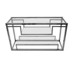 Casa Padrino Luxus Konsole Silber 150 x 40 x H. 75 cm - Metall Konsolentisch mit Glasplatte - Luxus Wohnzimmer Möbel