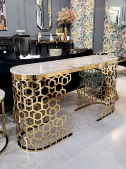Casa Padrino Luxus Konsole Weiß / Gold 140 x 40 x H. 80 cm - Konsolentisch mit Kunstmarmor Tischplatte - Wohnzimmer Möbel - Luxus Möbel - Luxus Einrichtung