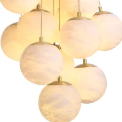 Casa Padrino Luxus Kronleuchter Alabaster / Antik Messing Ø 75 x H. 170 cm - Wohnzimmer Kronleuchter mit Alabaster Lampenschirmen - Luxus Qualität