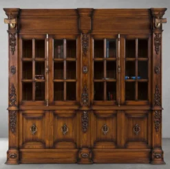 Casa Padrino Luxus Landhausstil Bücherschrank Braun / Antik Messing 262,5 x 54 x H. 251 cm - Massivholz Schrank mit Beleuchtung - Wohnzimmerschrank - Büroschrank - Luxus Landhausstil Möbel