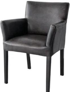 Casa Padrino Luxus Leder Esszimmerstuhl Vintage Schwarz / Schwarz 64 x 61 x H. 85 cm - Echtleder Küchenstuhl mit Armlehnen - Esszimmer Möbel
