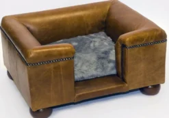 Casa Padrino Luxus Leder Hundebett Vintage Braun / Dunkelbraun / Grau 65 x 55 x H. 31 cm - Rechteckiges Echtleder Hundebett - Luxus Echtleder Tiermöbel