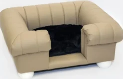 Casa Padrino Luxus Leder Hundebett Beige / Weiß / Schwarz 79 x 69 x H. 31 cm - Rechteckiges Echtleder Hundebett - Luxus Tiermöbel - Leder Tiermöbel - Hundemöbel