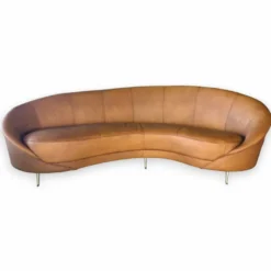 Casa Padrino Luxus Leder Sofa Hellbraun / Messing 230 cm - Leder Wohnzimmer Möbel