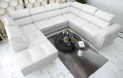 Casa Padrino Luxus Leder Wohnlandschaft Weiß / Silber 350 x 255 x H. 78-99 cm - Naturleder U-Form Sofa mit verstellbaren Kopfstützen - Wohnzimmer Möbel - Leder Möbel - Luxus Möbel