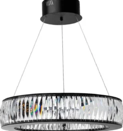 Casa Padrino Luxus LED Kronleuchter Schwarz Ø 63 x H. 170 cm - Moderner runder Kristallglas Kronleuchter - Luxus Qualität