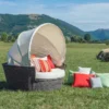 Casa Padrino Luxus Liegeinsel Braun / Weiß 186 x 141 x H. 174 cm - Handgewebtes Wetterbeständiges Lounge Sofa mit Sonnendach - Moderne Garten Terrassen Hotel Möbel