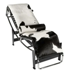 Casa Padrino Luxus Liegesessel Schwarz / Weiß / Silber 160 x 57 x H. 81 cm - Relaxliege mit Kuhfell und verchromtem Metallgestell