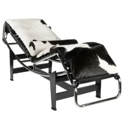 Casa Padrino Luxus Liegesessel Schwarz / Weiß / Silber 160 x 57 x H. 81 cm - Relaxliege mit Kuhfell und verchromtem Metallgestell