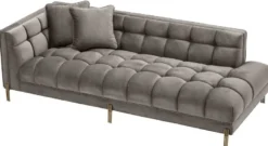 Casa Padrino Luxus Lounge Sofa Grau - Greige / Messingfarben 223 x 95 x H. 68 cm - Linksseitiges Wohnzimmer Sofa mit edlem Samtsoff und 2 Kissen