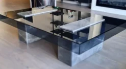 Casa Padrino Luxus Marmor Couchtisch mit Glasplatte Grau / Schwarz 140 cm