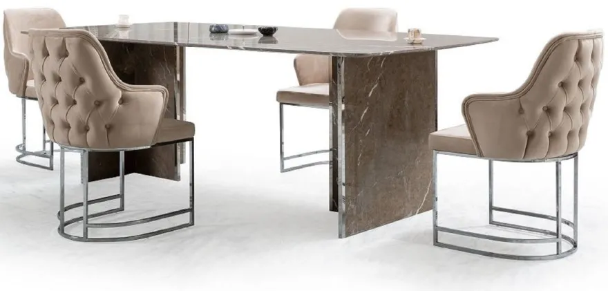 Casa Padrino Luxus Marmor Esstisch Braun / Silber 220 x 110 x H. 75 cm - Rechteckiger Marmor Küchentisch - Esszimmer Möbel - Marmor Möbel - Luxus Möbel - Esszimmer Einrichtung - Luxus Einrichtung