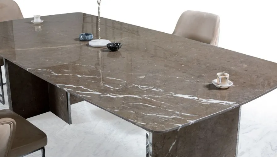 Casa Padrino Luxus Marmor Esstisch Braun / Silber 220 x 110 x H. 75 cm - Rechteckiger Marmor Küchentisch - Esszimmer Möbel - Marmor Möbel - Luxus Möbel - Esszimmer Einrichtung - Luxus Einrichtung