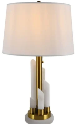 Casa Padrino Luxus Marmor Tischleuchte Weiß / Gold Ø 38 x H. 68,5 cm - Runde Marmor Schreibtischleuchte mit Lampenschirm - Luxus Marmor Leuchten