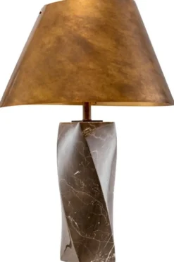 Casa Padrino Luxus Marmor Tischleuchte mit Metall Lampenschirm Braun / Vintage Messing Ø 53 x H. 78 cm