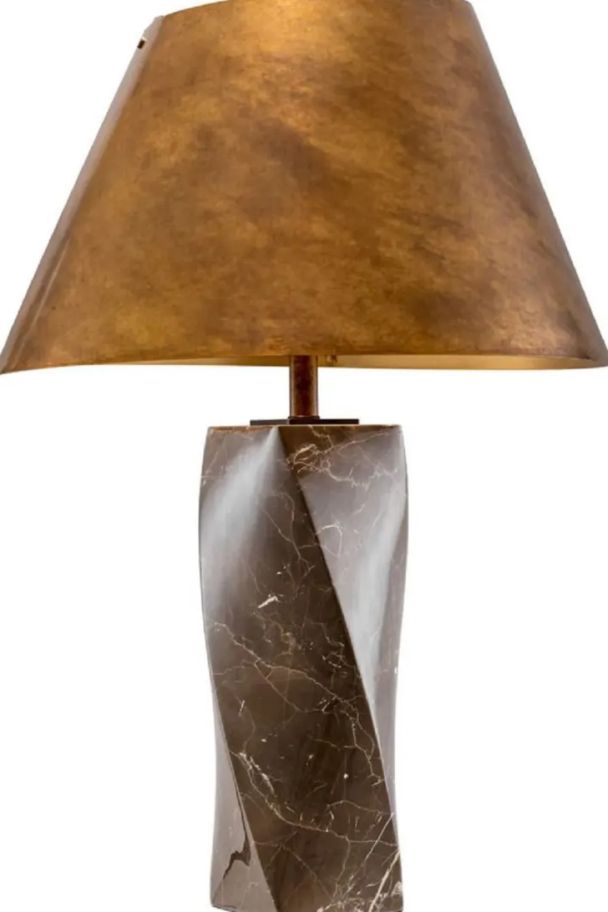Casa Padrino Luxus Marmor Tischleuchte mit Metall Lampenschirm Braun / Vintage Messing Ø 53 x H. 78 cm