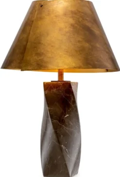 Casa Padrino Luxus Marmor Tischleuchte mit Metall Lampenschirm Braun / Vintage Messing Ø 53 x H. 78 cm