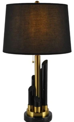 Casa Padrino Luxus Marmor Tischleuchte Schwarz / Gold Ø 38 x H. 68,5 cm - Runde Marmor Schreibtischleuchte mit Lampenschirm - Luxus Marmor Leuchten