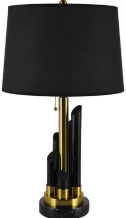 Casa Padrino Luxus Marmor Tischleuchte Schwarz / Gold Ø 38 x H. 68,5 cm - Runde Marmor Schreibtischleuchte mit Lampenschirm - Luxus Marmor Leuchten