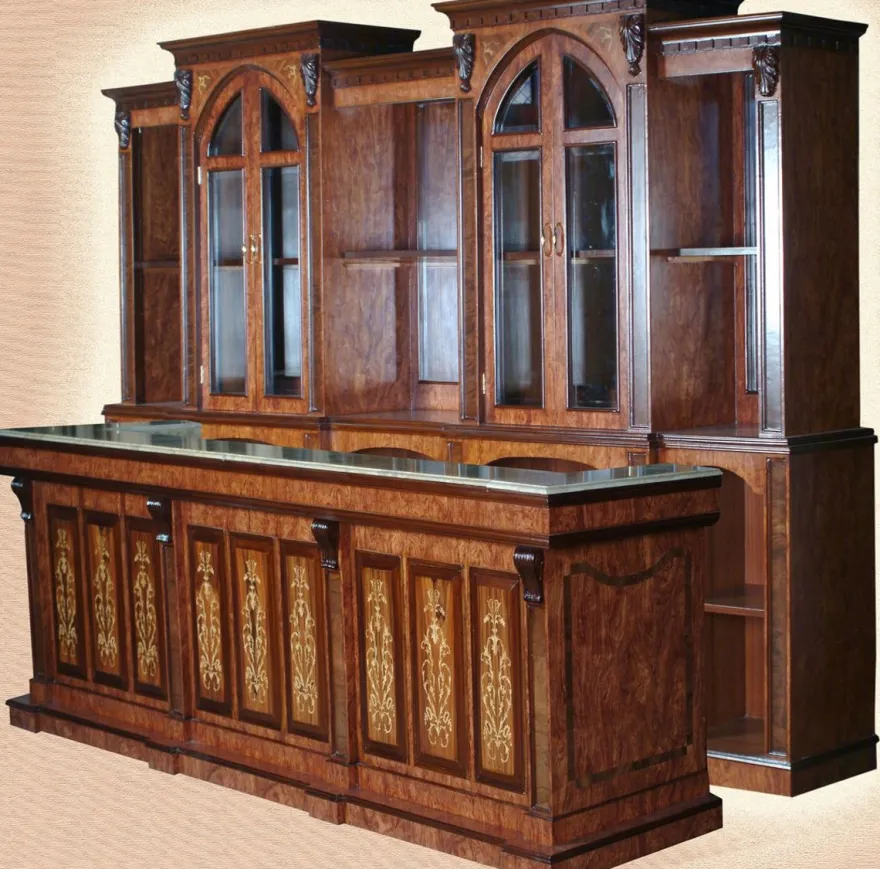 Casa Padrino Luxus Massivholz Bar mit Marmorplatte Dunkelbraun / Braun / Cremefarben 381 x H. 251,5 cm - Luxus Hotel & Restaurant Massivholz Bar Möbel
