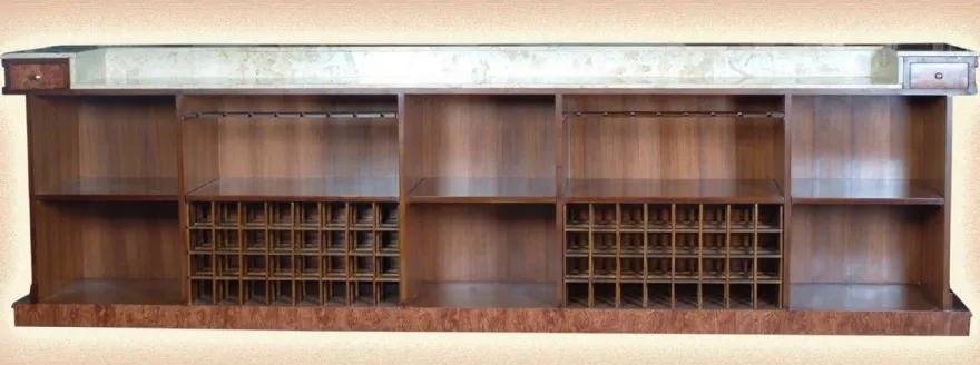 Casa Padrino Luxus Massivholz Bar mit Marmorplatte Dunkelbraun / Braun / Cremefarben 381 x H. 251,5 cm - Luxus Hotel & Restaurant Massivholz Bar Möbel