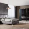 Casa Padrino Luxus Massivholz Schlafzimmer Set Lila / Schwarz / Gold - 1 Doppelbett mit Kopfteil & 2 Nachttische - Luxus Schlafzimmer Möbel