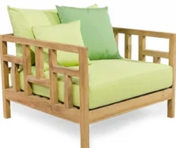 Casa Padrino Luxus Massivholz Gartensessel Naturfarben / Hellgrün 94 x 94 x H. 65 cm - Wetterbeständiger Teakholz Sessel mit Kissen - Garten & Terrassen Möbel - Luxus Qualität
