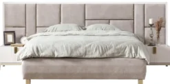 Casa Padrino Luxus Massivholz Schlafzimmer Set Grau / Weiß / Gold - 1 Doppelbett mit Kopfteil & 2 Nachttische - Luxus Schlafzimmer Möbel