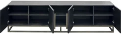 Casa Padrino Luxus Massivholz TV Schrank Schwarz / Messing 220 x 43 x H. 60 cm - Rustikales Eichenholz Wohnzimmer Sideboard mit 4 Türen - Rustikale Luxus Massivholz Wohnzimmer Möbel
