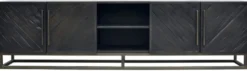 Casa Padrino Luxus Massivholz TV Schrank Schwarz / Messing 220 x 43 x H. 60 cm - Rustikales Eichenholz Wohnzimmer Sideboard mit 4 Türen - Rustikale Luxus Massivholz Wohnzimmer Möbel