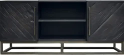 Casa Padrino Luxus Massivholz TV Schrank Schwarz / Messing 160 x 43 x H. 60 cm - Rustikales Eichenholz Wohnzimmer Sideboard mit 2 Türen - Rustikale Luxus Massivholz Wohnzimmer Möbel
