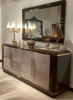 Casa Padrino Luxus Möbel Set Dunkelbraun / Grau / Gold - 1 Sideboard mit 4 Türen & 1 Wandspiegel - Luxus Hotel Möbel