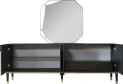 Casa Padrino Luxus Möbel Set Schwarz / Gold - 1 Sideboard mit 4 Türen & 1 Spiegel - Moderne Massivholz Möbel - Luxus Kollektion