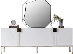 Casa Padrino Luxus Möbel Set Weiß / Gold - 1 Sideboard mit 4 Türen & 1 Spiegel - Moderne Massivholz Möbel - Luxus Kollektion