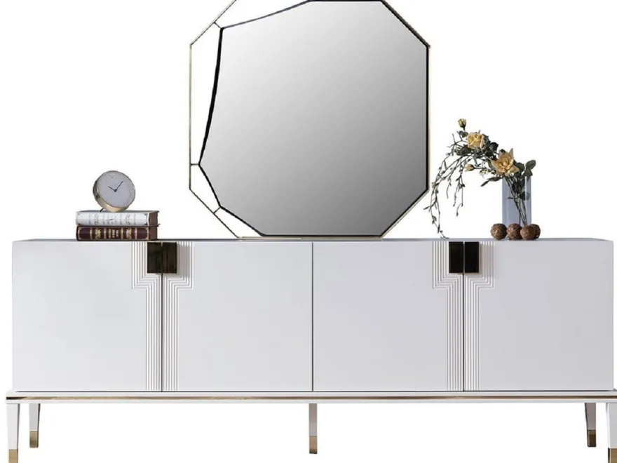 Casa Padrino Luxus Möbel Set Weiß / Gold - 1 Sideboard mit 4 Türen & 1 Spiegel - Moderne Massivholz Möbel - Luxus Kollektion